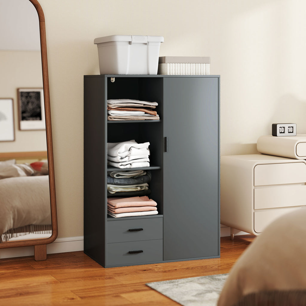 Modern Wardrobe with 2 Drawers, Open Shelves and Hanging Space, 80x50x124 cm, Dark Grey