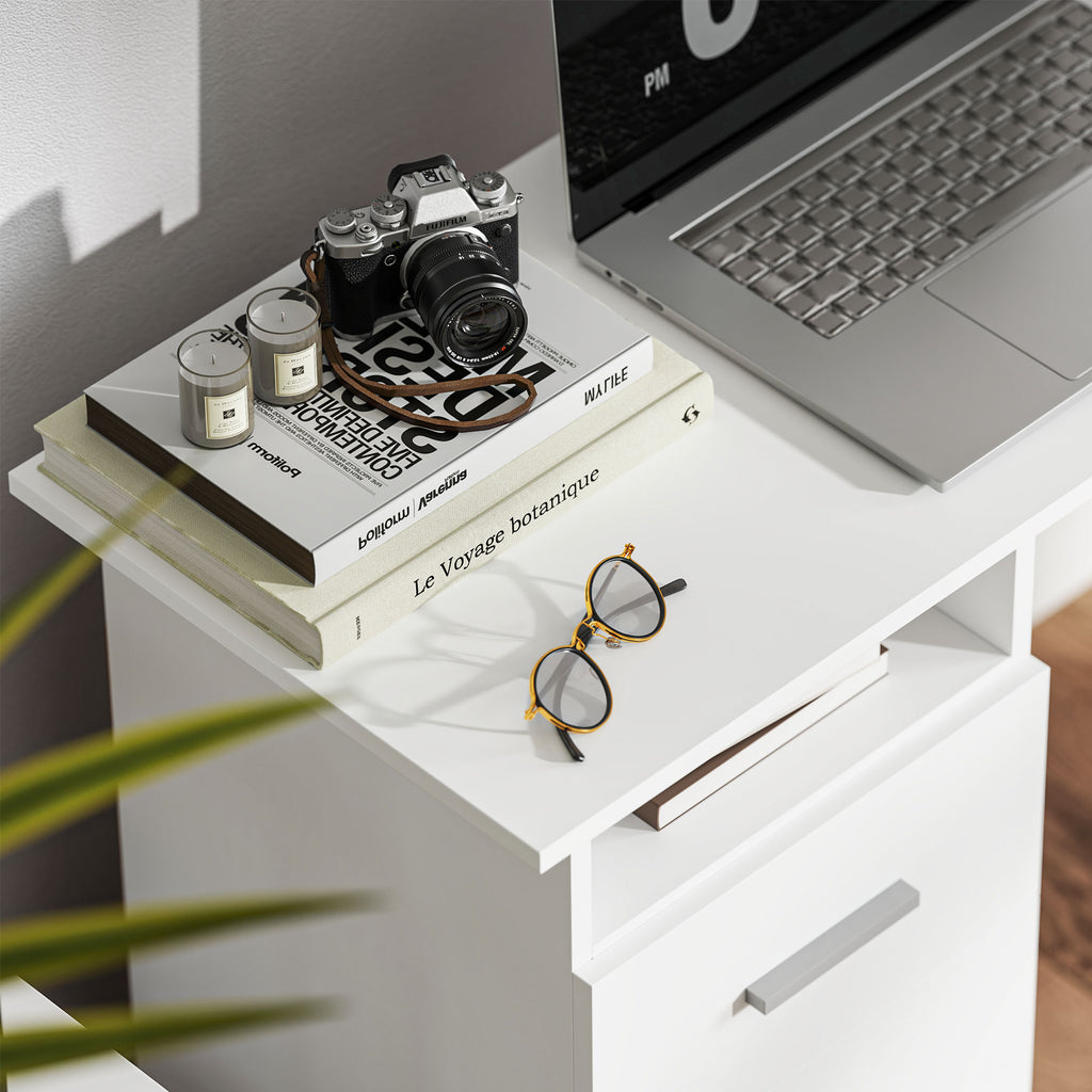 Modern Wooden Desk with 3 Drawers and Open Shelf, 100x40x75 cm, White