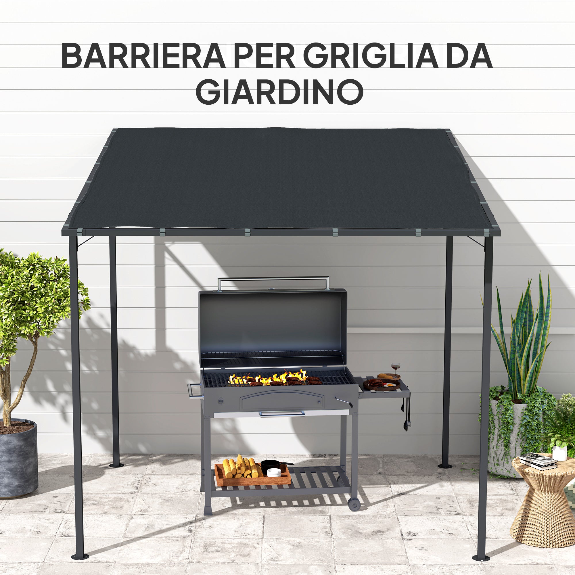 Pergola with Velcro Fasteners, in Metal and Polyester, 238x238x235/194 cm, Dark Grey