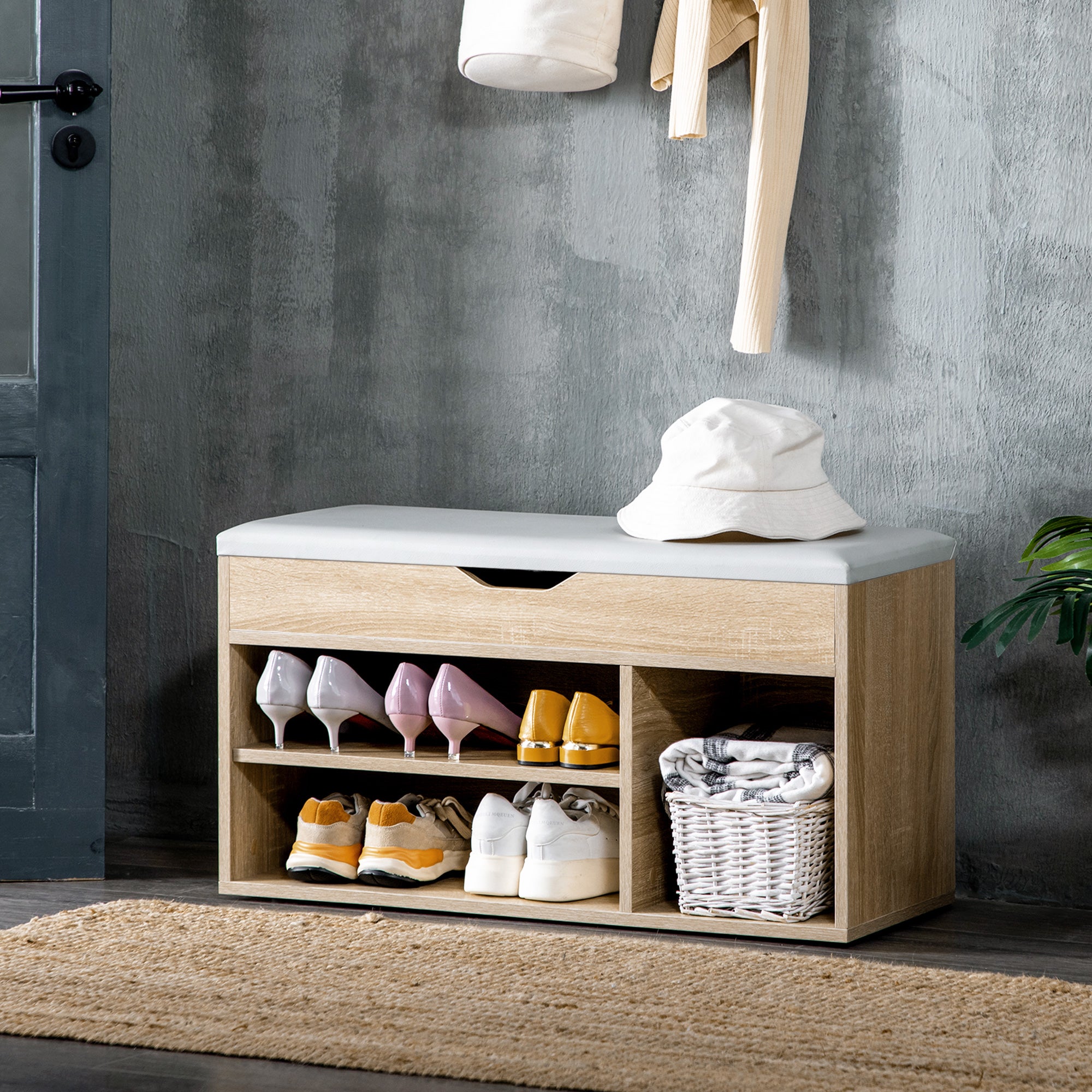 Space-Saving Padded Shoe Rack with 2 Open Shelves and Hidden Space, in Wood and PU Leather, 80x30x45 cm