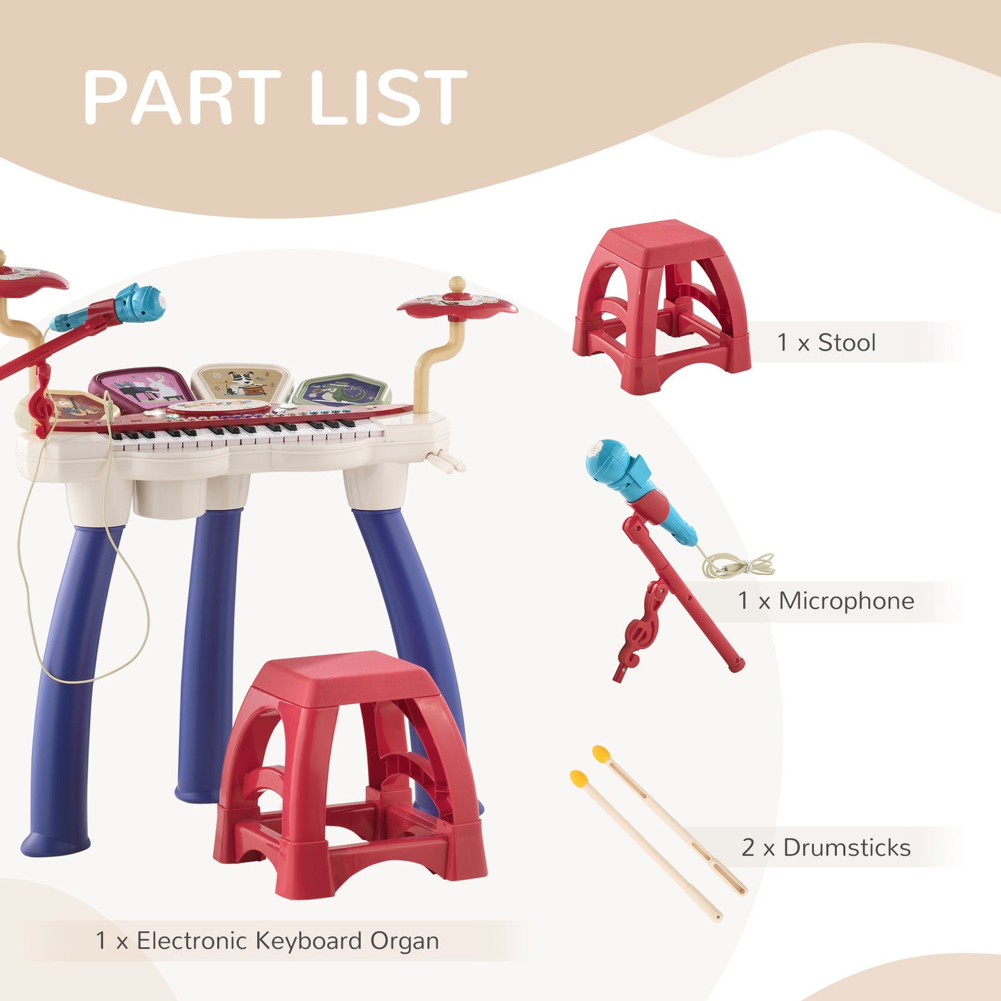 Piano for Children 3-6 Years with Stool, Microphone, Drum and Drumsticks, in PP and ABS, 74x32.2x71 cm