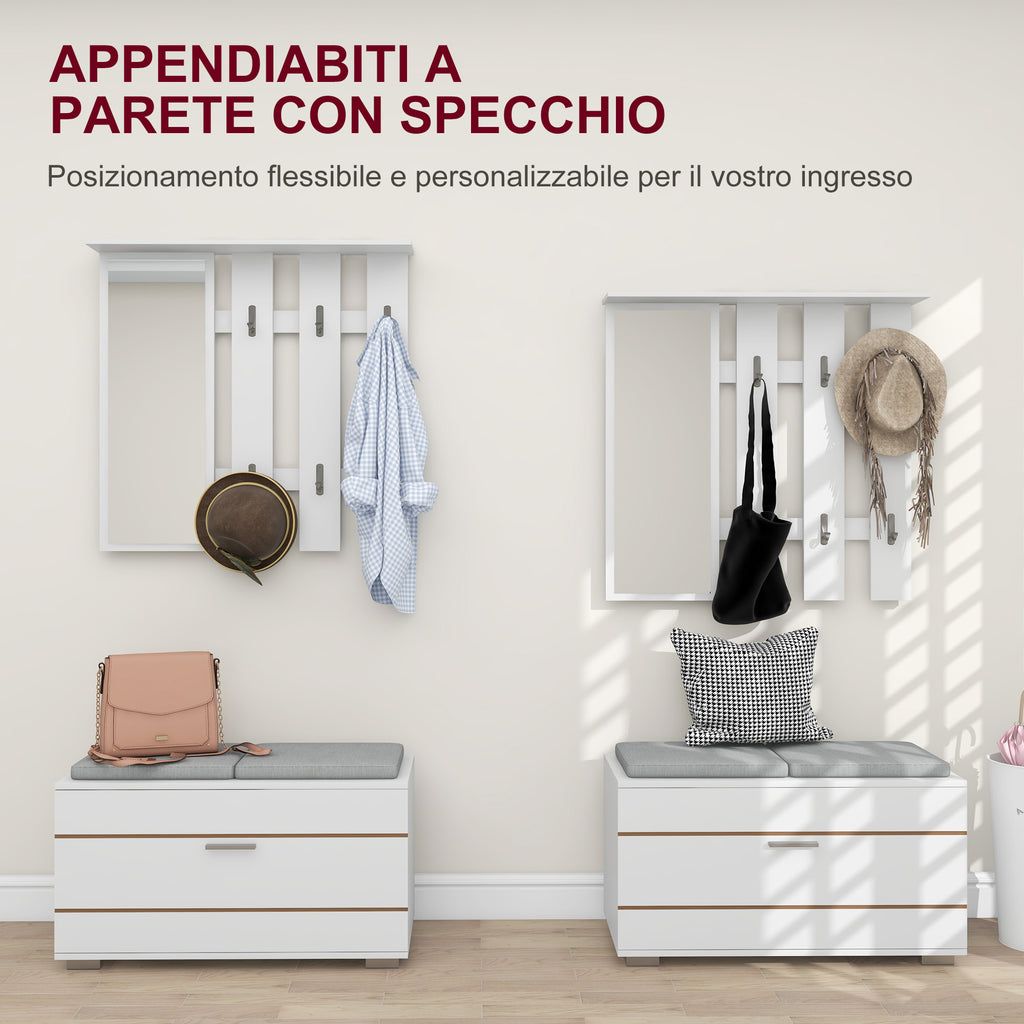 Hallway Furniture Set with Coat Rack, Mirror, Bench with Cushions and Shoe Rack for 8 Pairs of Shoes, White