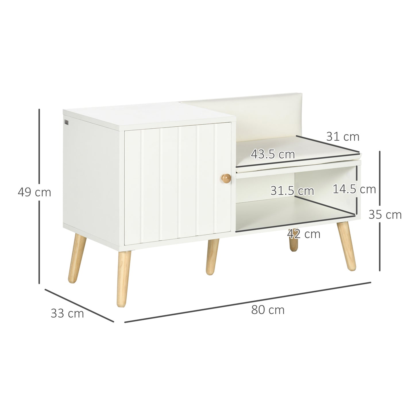 Entrance shoe rack with padded seat and cabinet for 4 pairs of shoes, 80x33x49cm, White