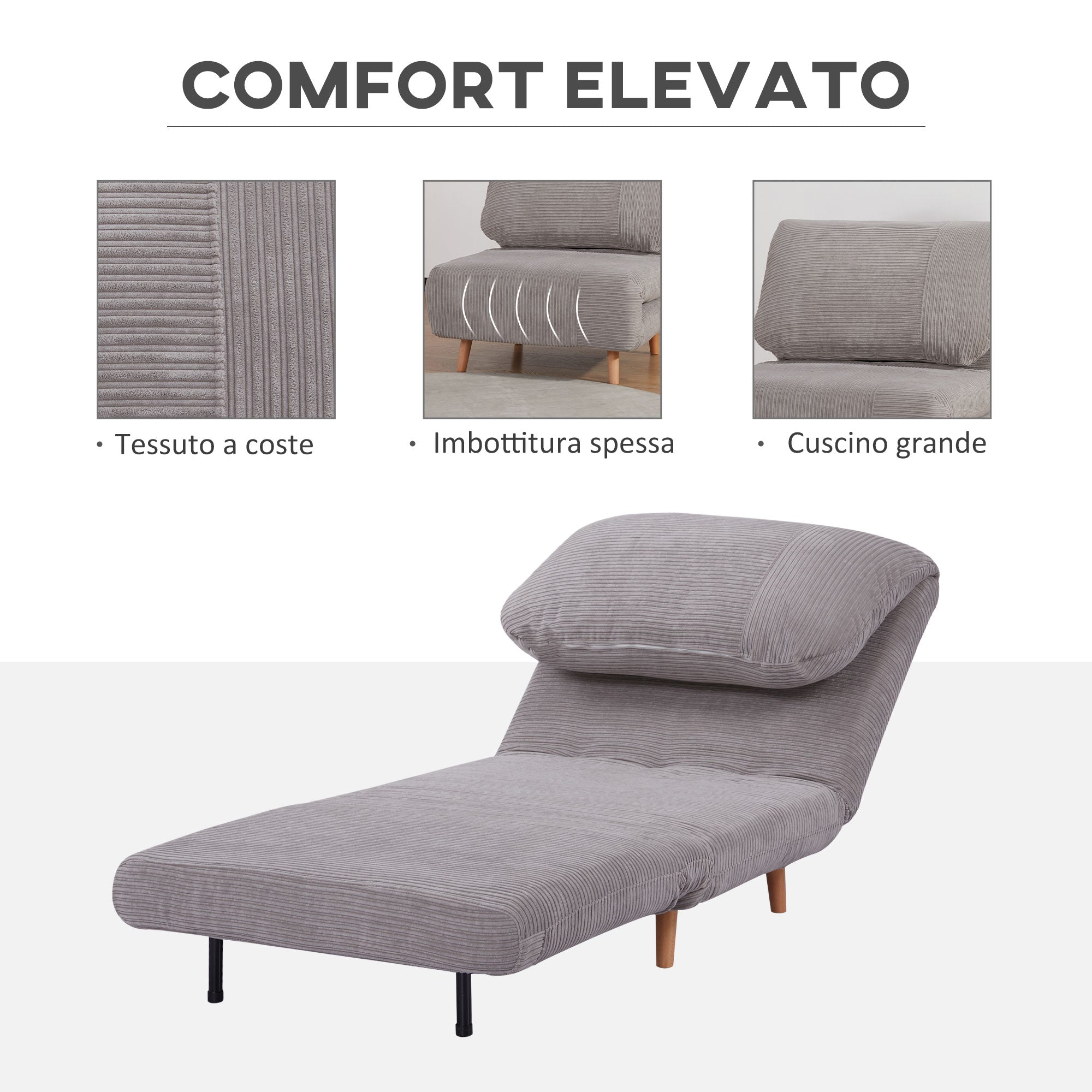 2-in-1 Reclining Sofa Bed with Extra-Large Seat, Velvet Effect, Grey