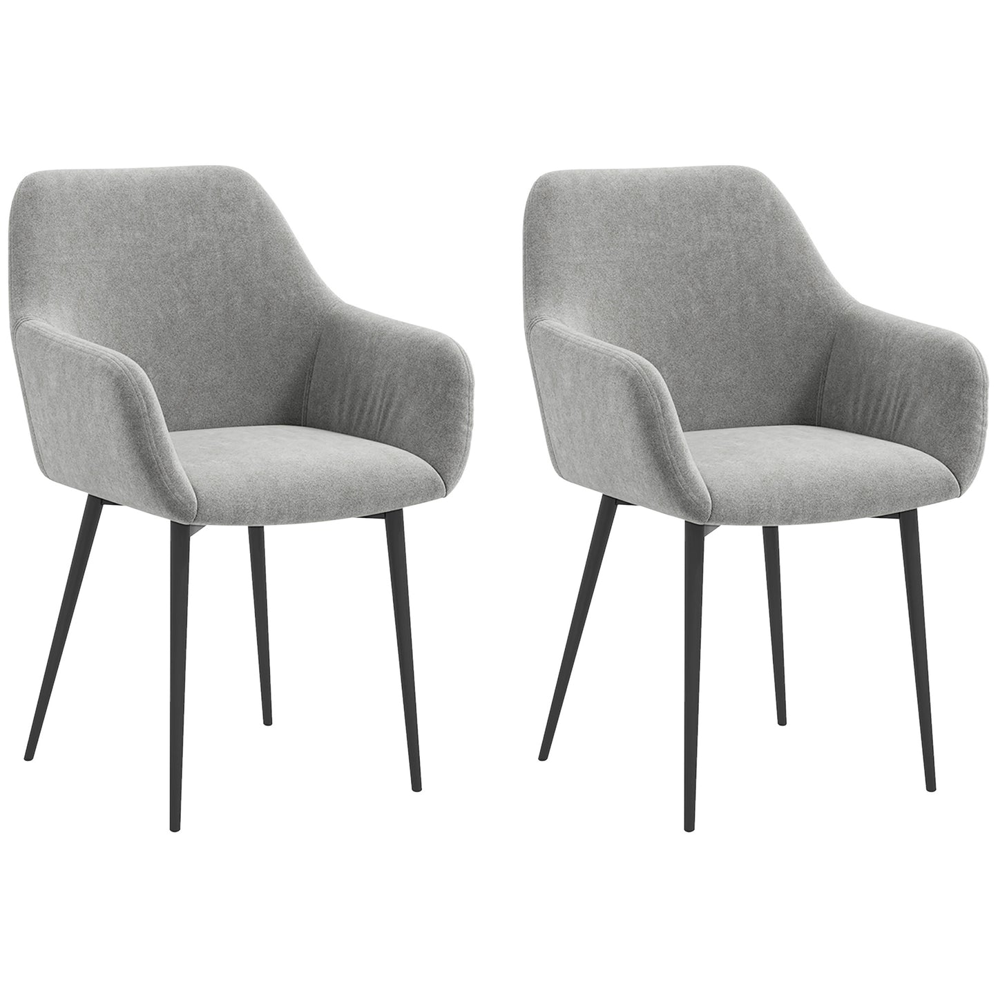 Set of 2 Nordic Dining Chairs Padded with Curved Armrests in Velvet Effect Fabric, 54x57x80 cm, Dark Grey