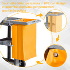 Professional Cleaning Trolley with 3 Shelves, Broom Hooks, 4 Wheels and 100L Bag, Orange 121 x 50.5 x 96.5cm