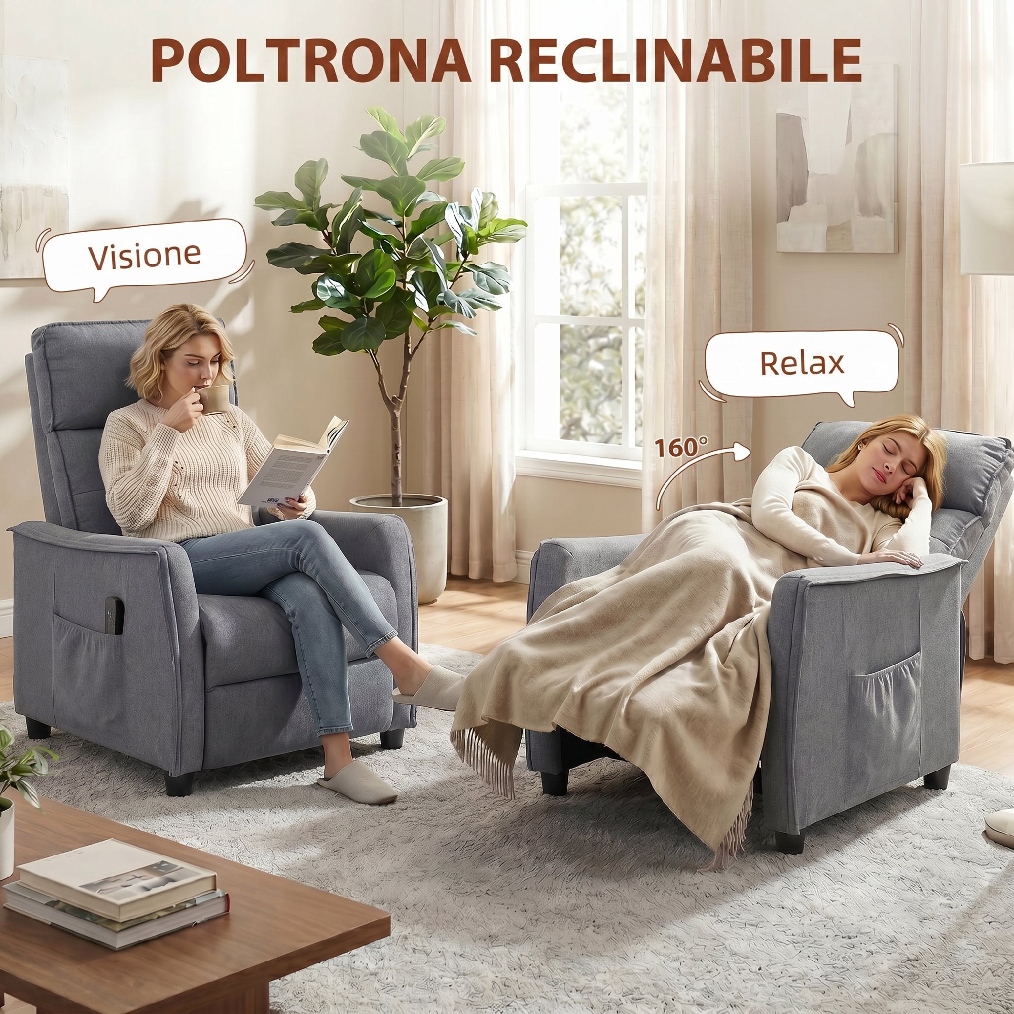 HOMCOM 160° Reclining Massage Chair with Footrest and Remote Control, 69x93x104 cm, Light Grey Linen Effect