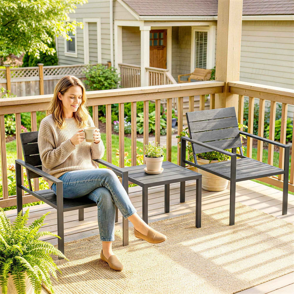 Outsunny 3-Piece Garden Set with 2 Outdoor Chairs and Coffee Table, in HDPE and Metal, Dark Grey