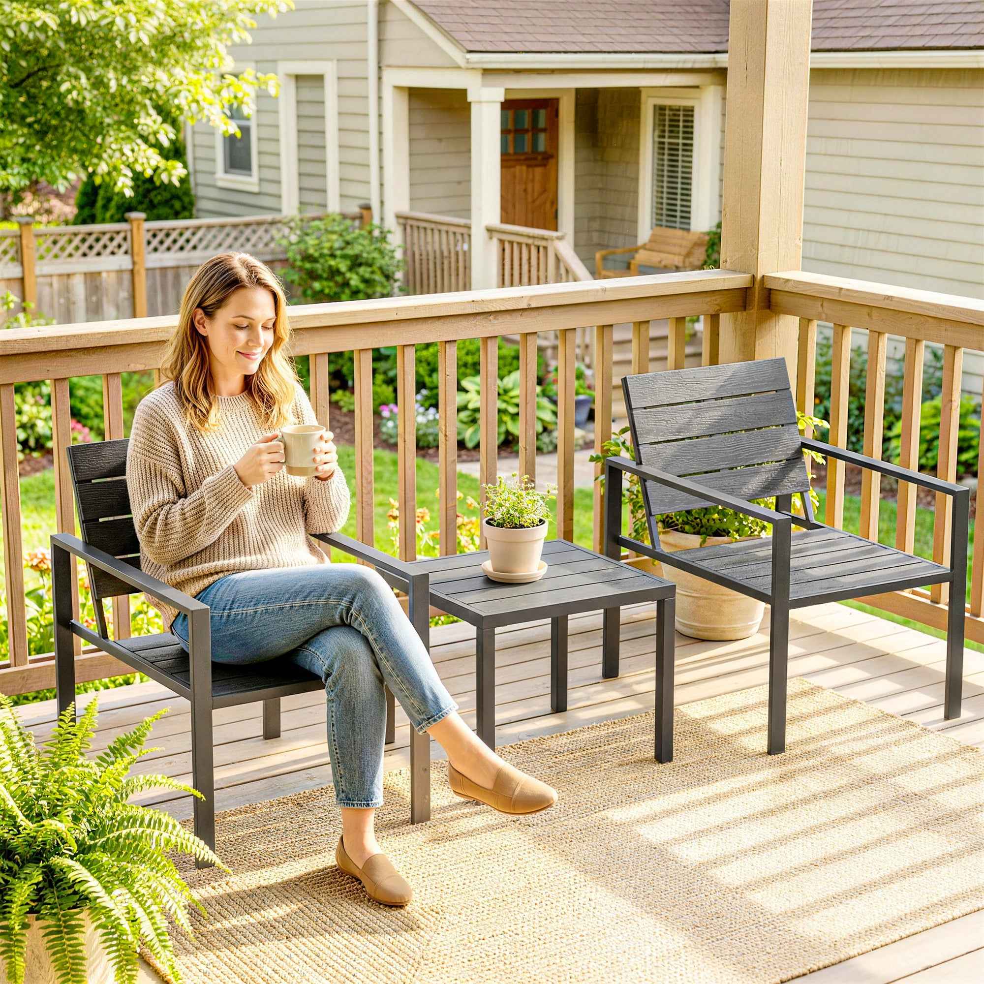 Outsunny 3-Piece Garden Set with 2 Outdoor Chairs and Coffee Table, in HDPE and Metal, Dark Grey