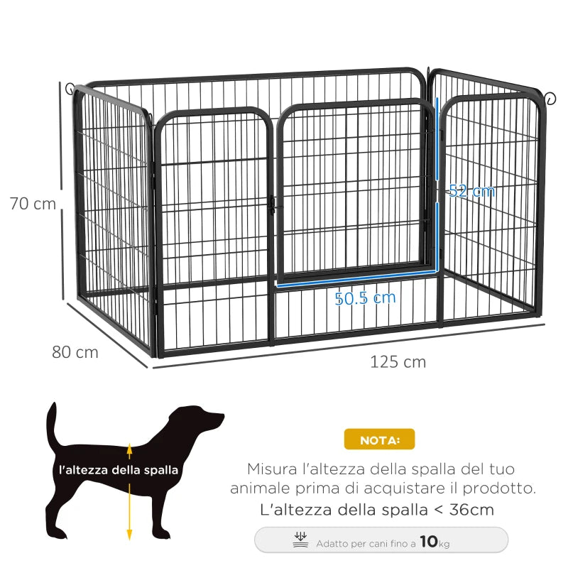 Small Dog Playpen, Indoor and Outdoor Pet Enclosure with 6-Piece Steel and Metal Mesh, 125x80x70 cm, Black