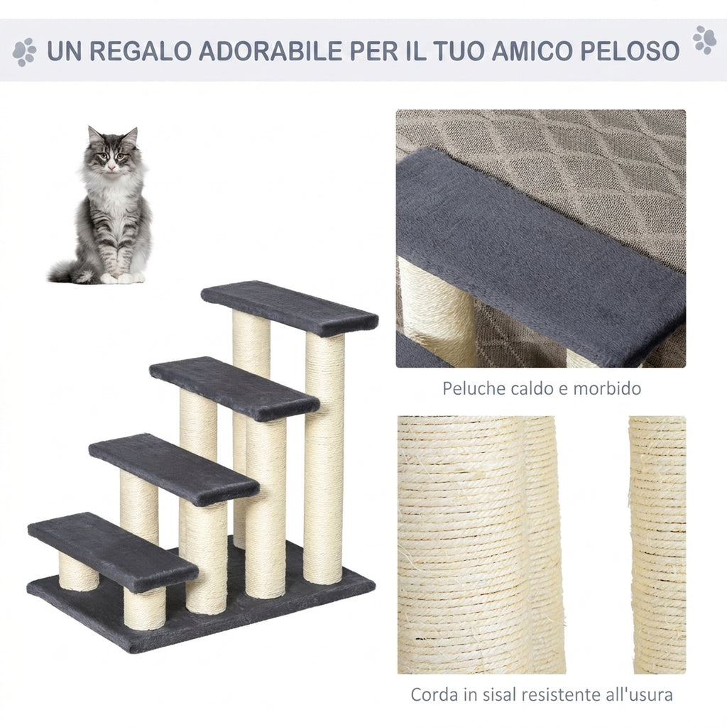 PawHut 4-Step Plush Dog and Cat Ladder with Sisal Scratching Posts, Grey