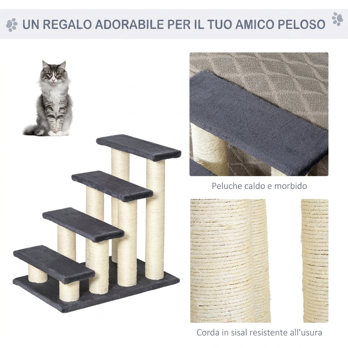 PawHut 4-Step Plush Dog and Cat Ladder with Sisal Scratching Posts, Grey