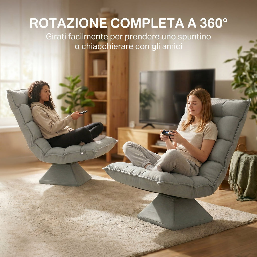 360° Swivel Relaxing Chair with 5-Position Adjustable Backrest in Velvet Effect Fabric, Light Grey