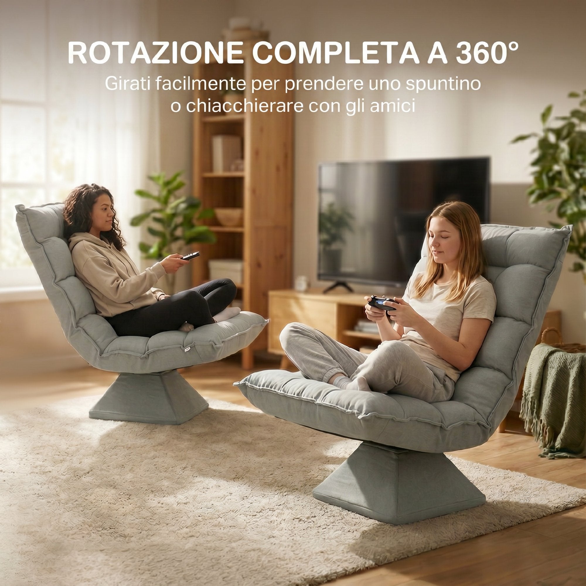 360° Swivel Relaxing Chair with 5-Position Adjustable Backrest in Velvet Effect Fabric, Light Grey