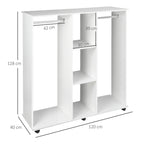 Wardrobe with Wheels, 2 Rods, and 3 Open Shelves, Made of Wood and Aluminum, 120x40x128 cm, White
