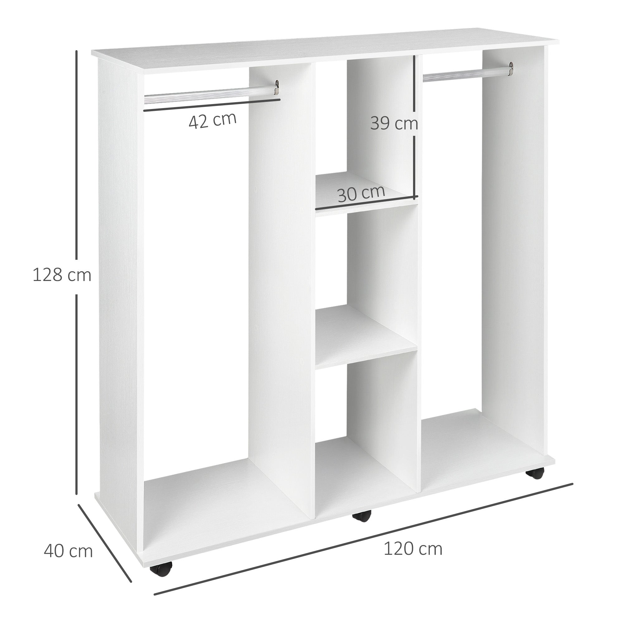 Wardrobe with Wheels, 2 Rods, and 3 Open Shelves, Made of Wood and Aluminum, 120x40x128 cm, White