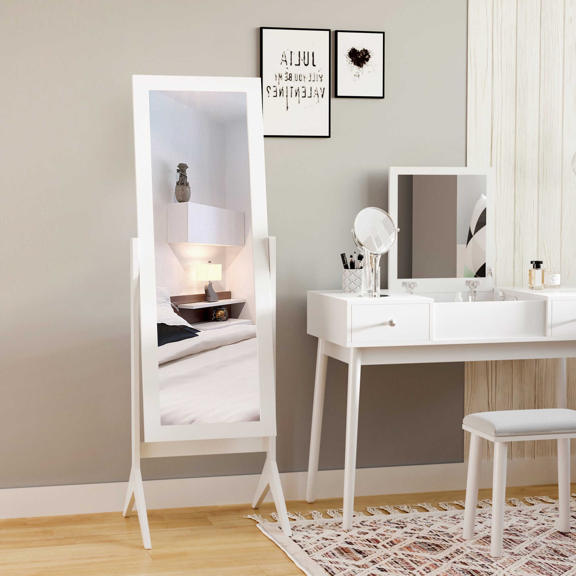 Full-Length Mirror with 4 Legs and Adjustable Angle, Wood and Glass, 47x46x148 cm, White