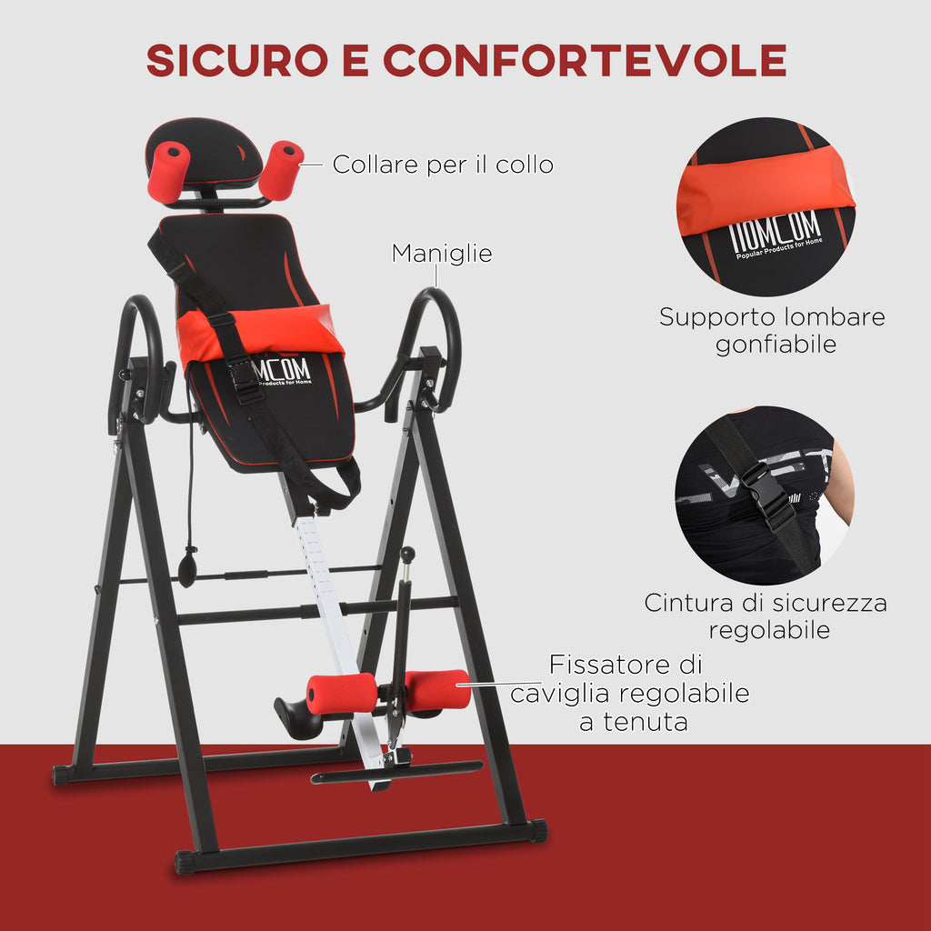 Inversion Bench with Adjustable Angle and Height and Headrest, in Steel and Plastic, 79x114x153 cm, Red and Black