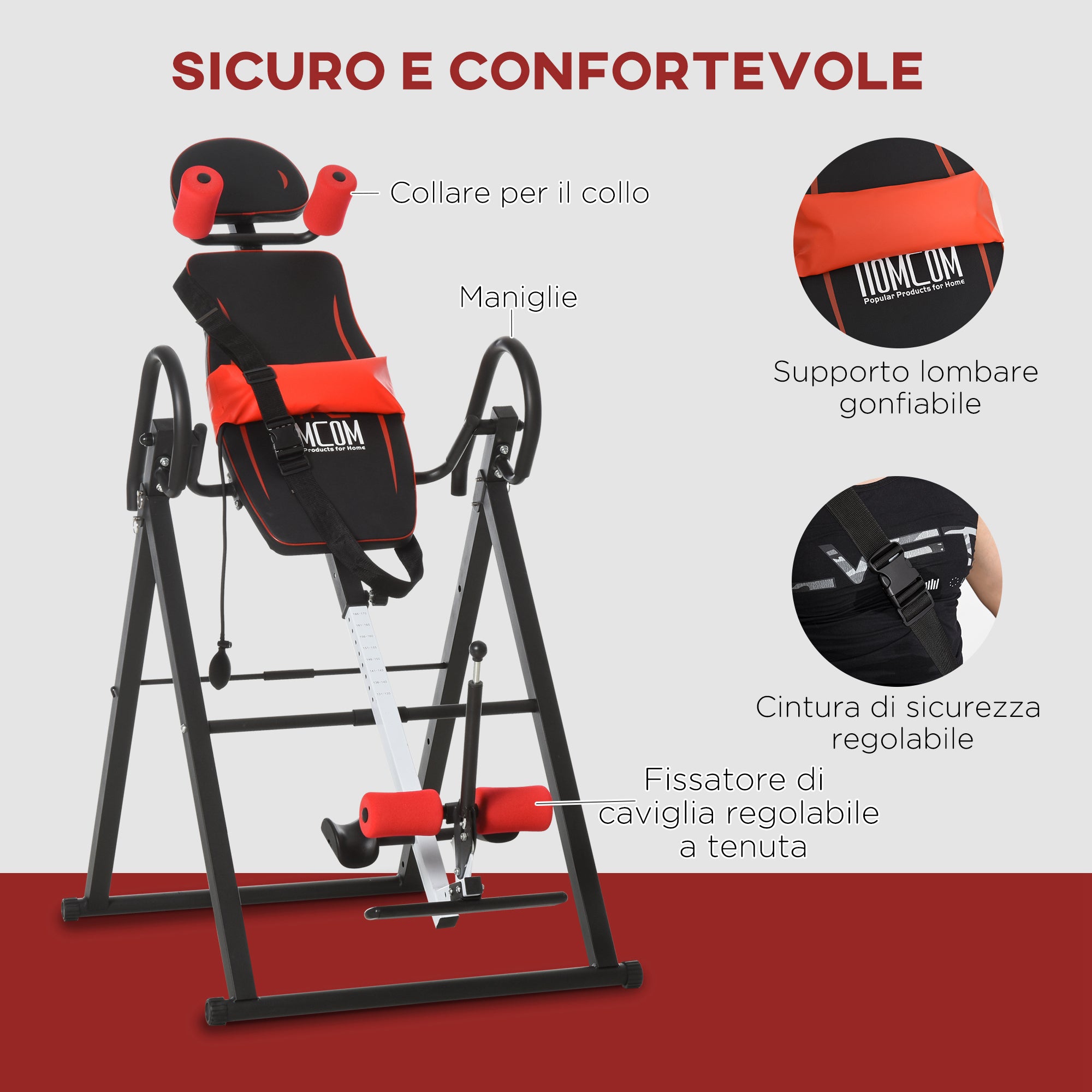 Inversion Bench with Adjustable Angle and Height and Headrest, in Steel and Plastic, 79x114x153 cm, Red and Black