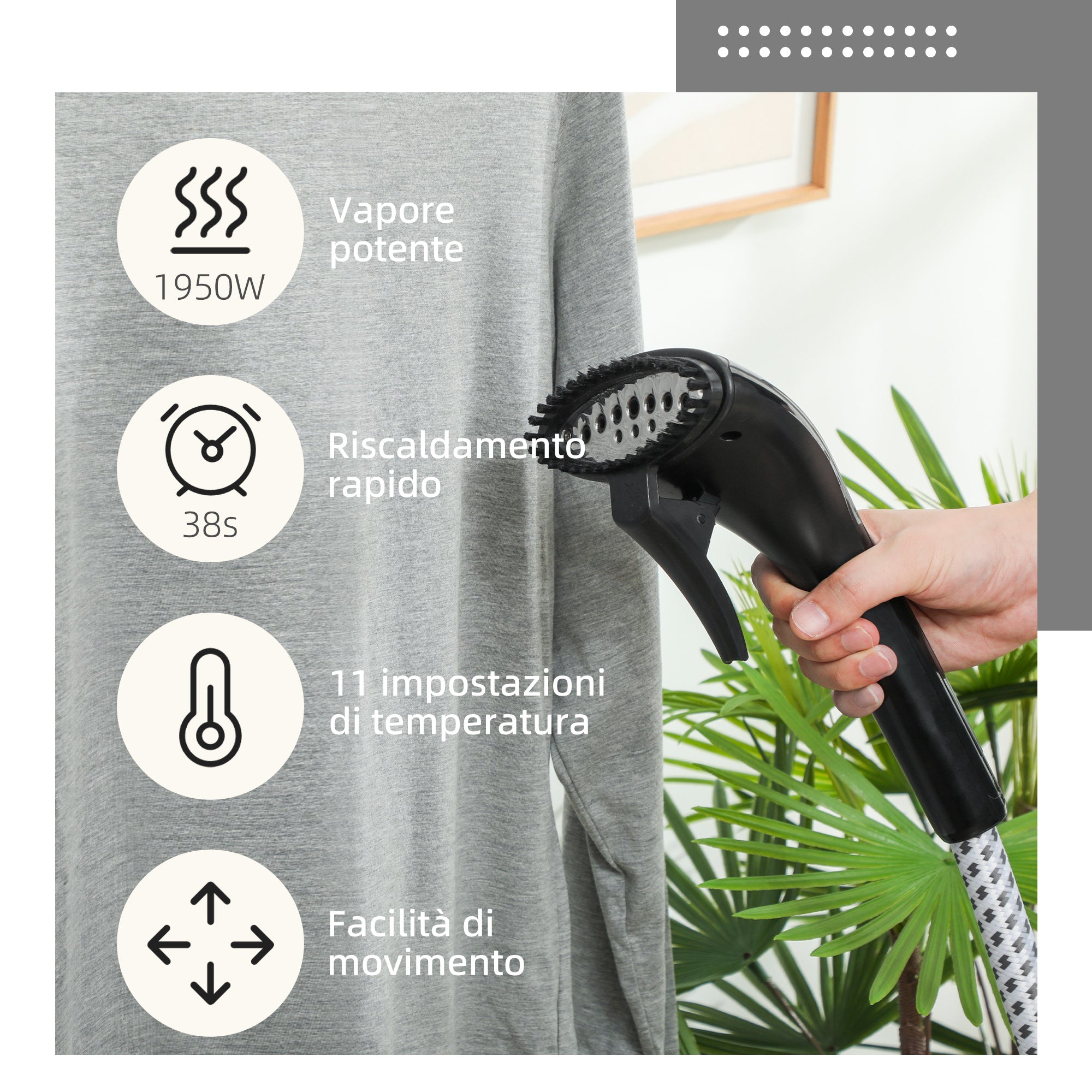 1.4L Vertical Steam Iron with Extendable Rod and 2 Wheels, in ABS and PP, 26x21.5x29 cm, Black