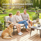 Outsunny 3-Seater Rattan Outdoor Sofa with Wood-Effect Armrests and Backrest, for Porch, Patio, Khaki