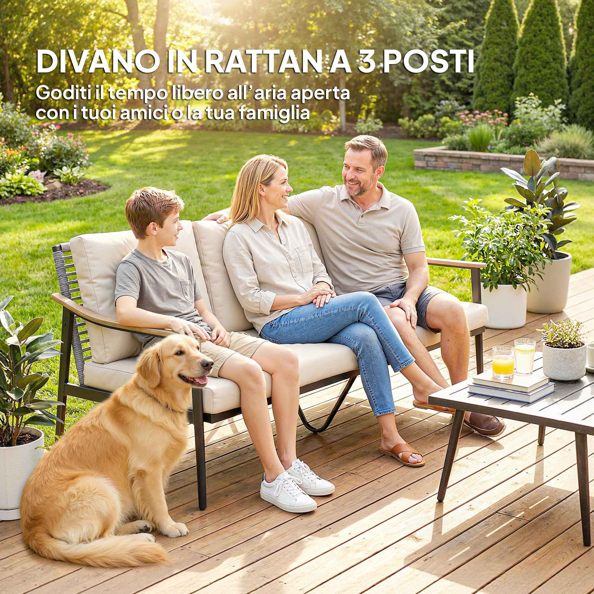 Outsunny 3-Seater Rattan Outdoor Sofa with Wood-Effect Armrests and Backrest, for Porch, Patio, Khaki