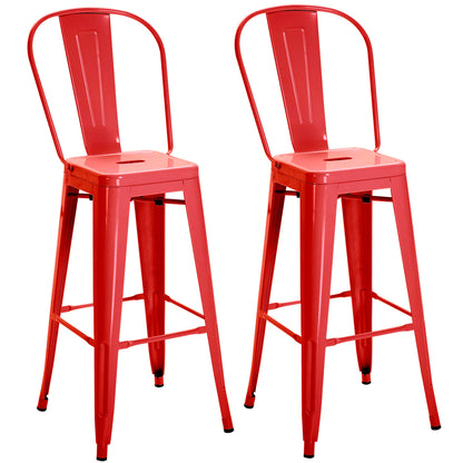 Set of 2 Industrial Bar Stools with Removable Backrest and Footrest, in Metal, 44x49x116 cm, Red