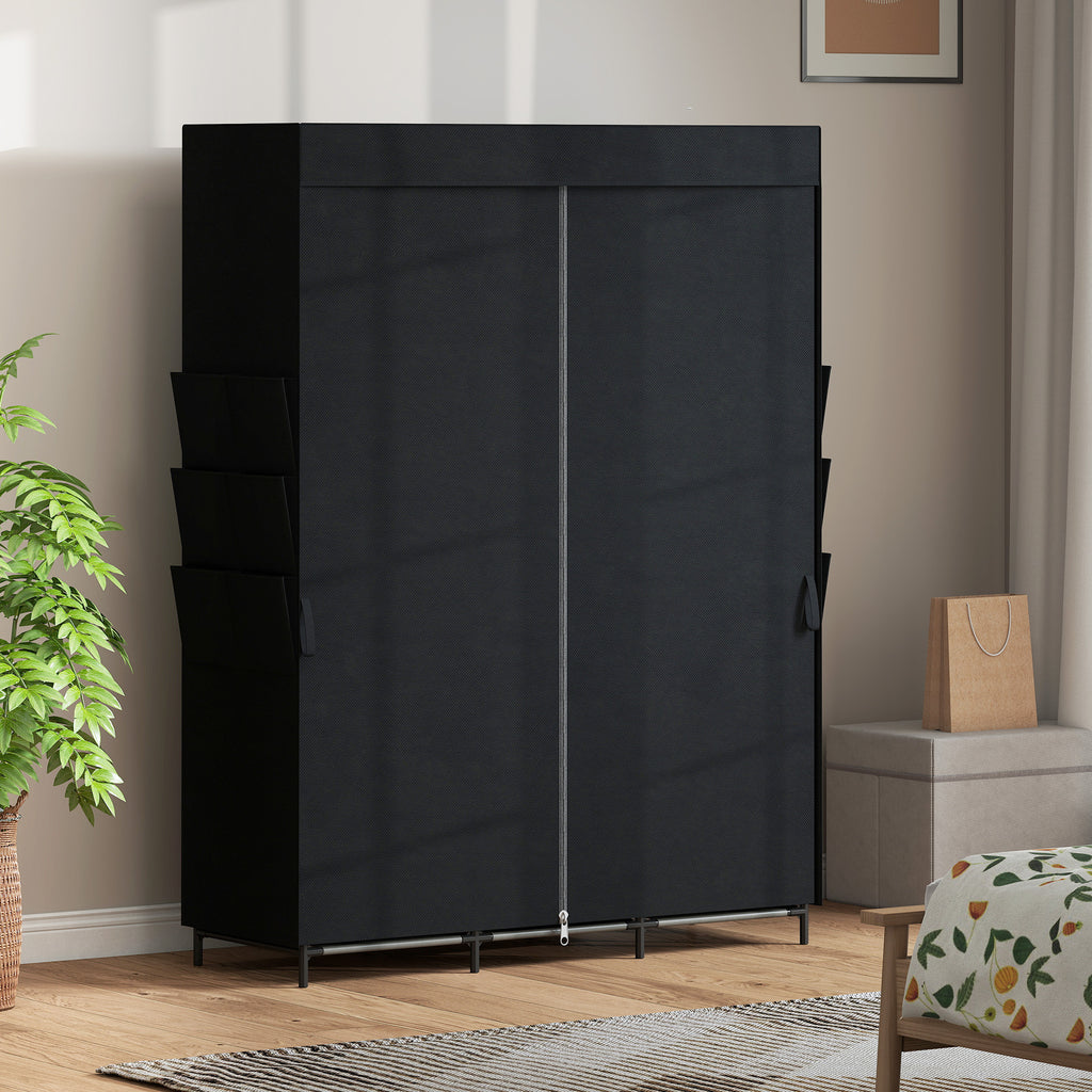 HOMCOM Space-Saving Fabric Wardrobe with 3 Rods, 3 Shelves, 6 Side Pockets, Dustproof Doors with Zip, Black