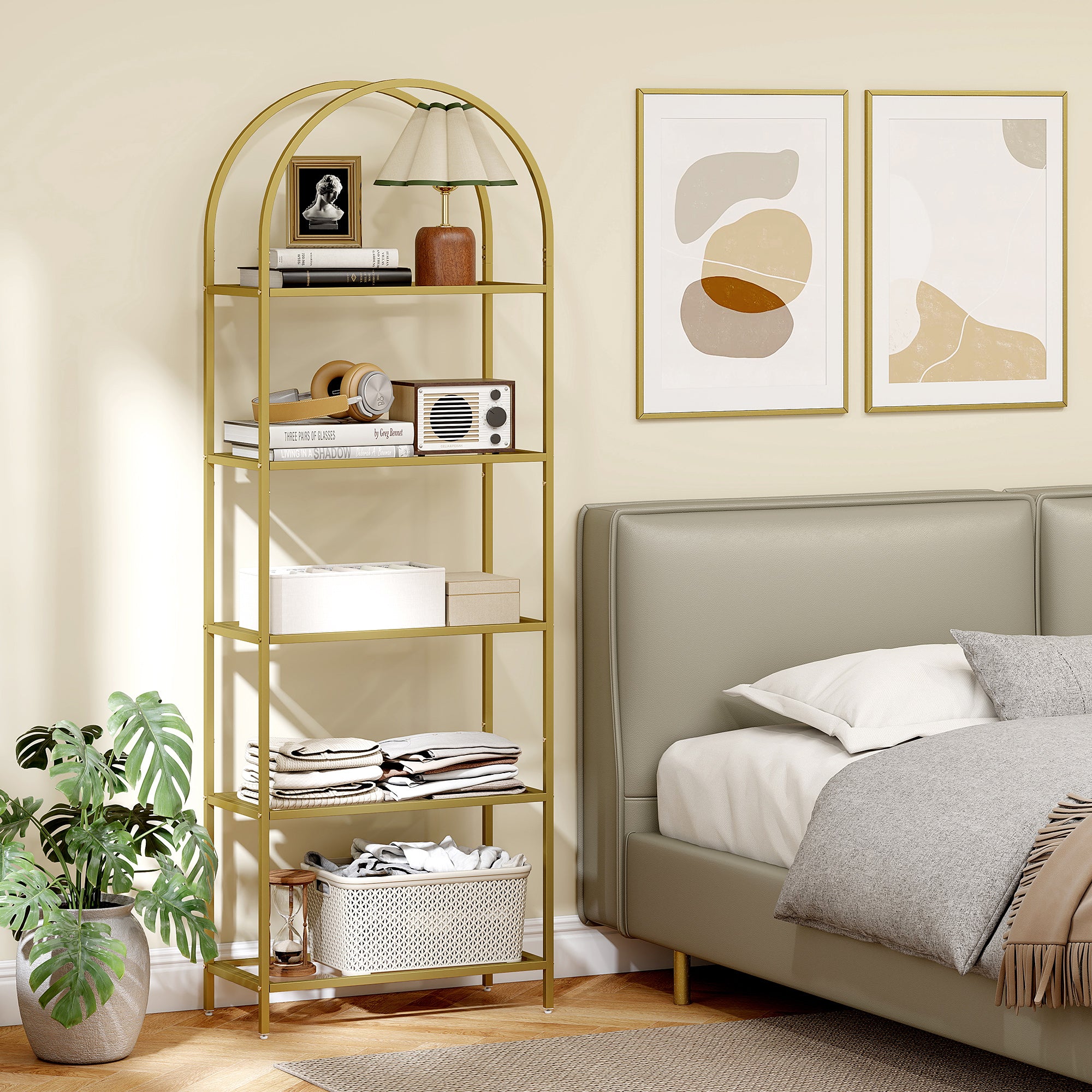 5-Tier Arched Storage Shelf in Steel and Tempered Glass, 60x30x175 cm, Gold