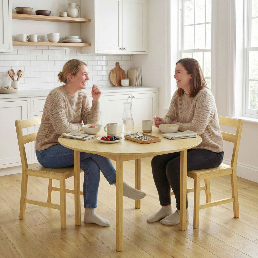 Set of 2 Bamboo Dining Chairs with Curved Backrest and Slatted Seat, Natural Wood Color