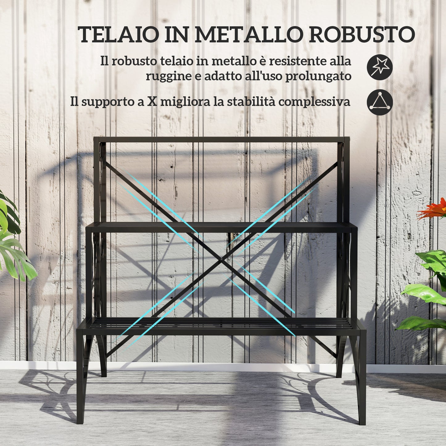 3-Tier Ladder Shelf for Indoor and Outdoor Metal, 60x60x60 cm, Black