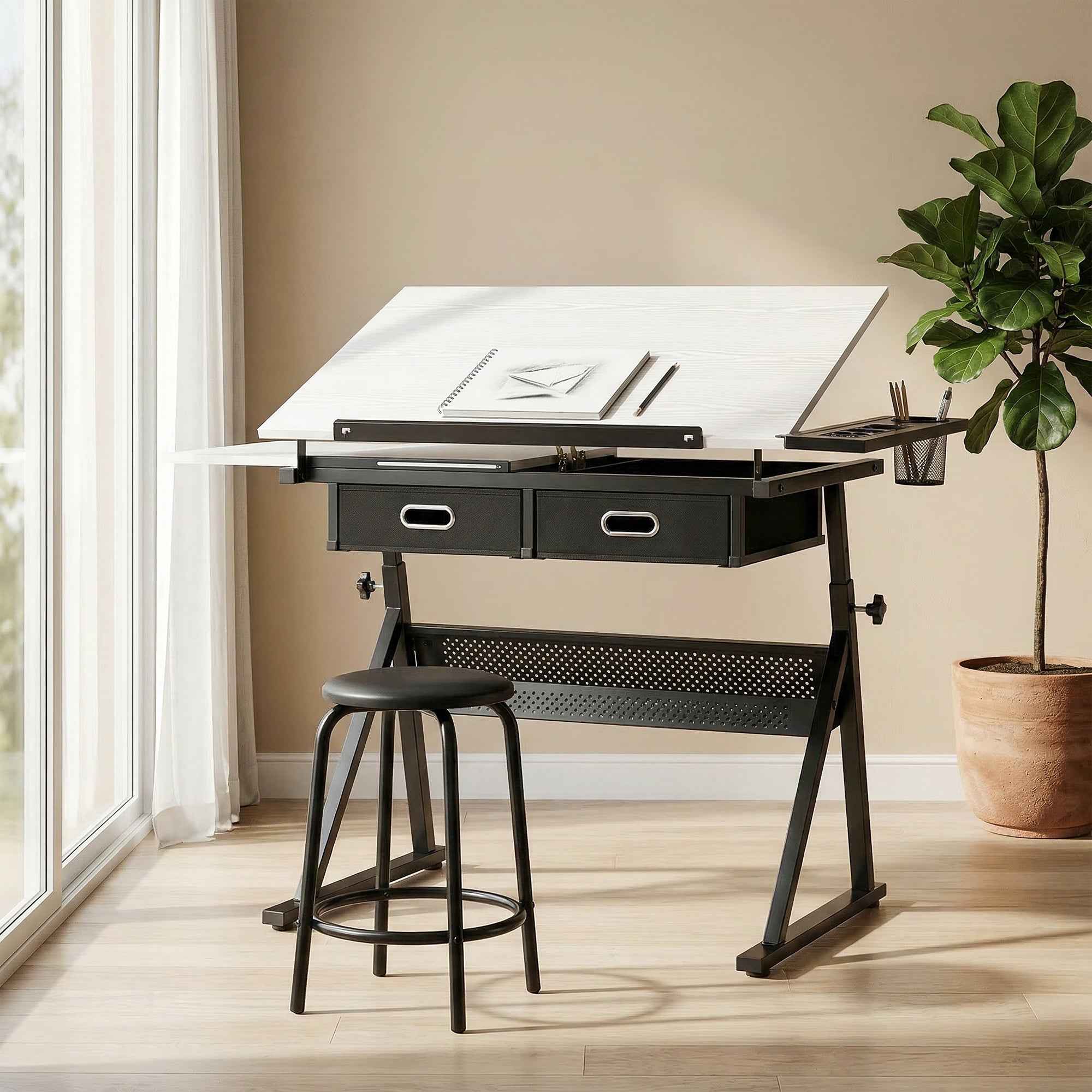 Adjustable Drafting Table, Writing Desk and Stool for Drawing and Working, White