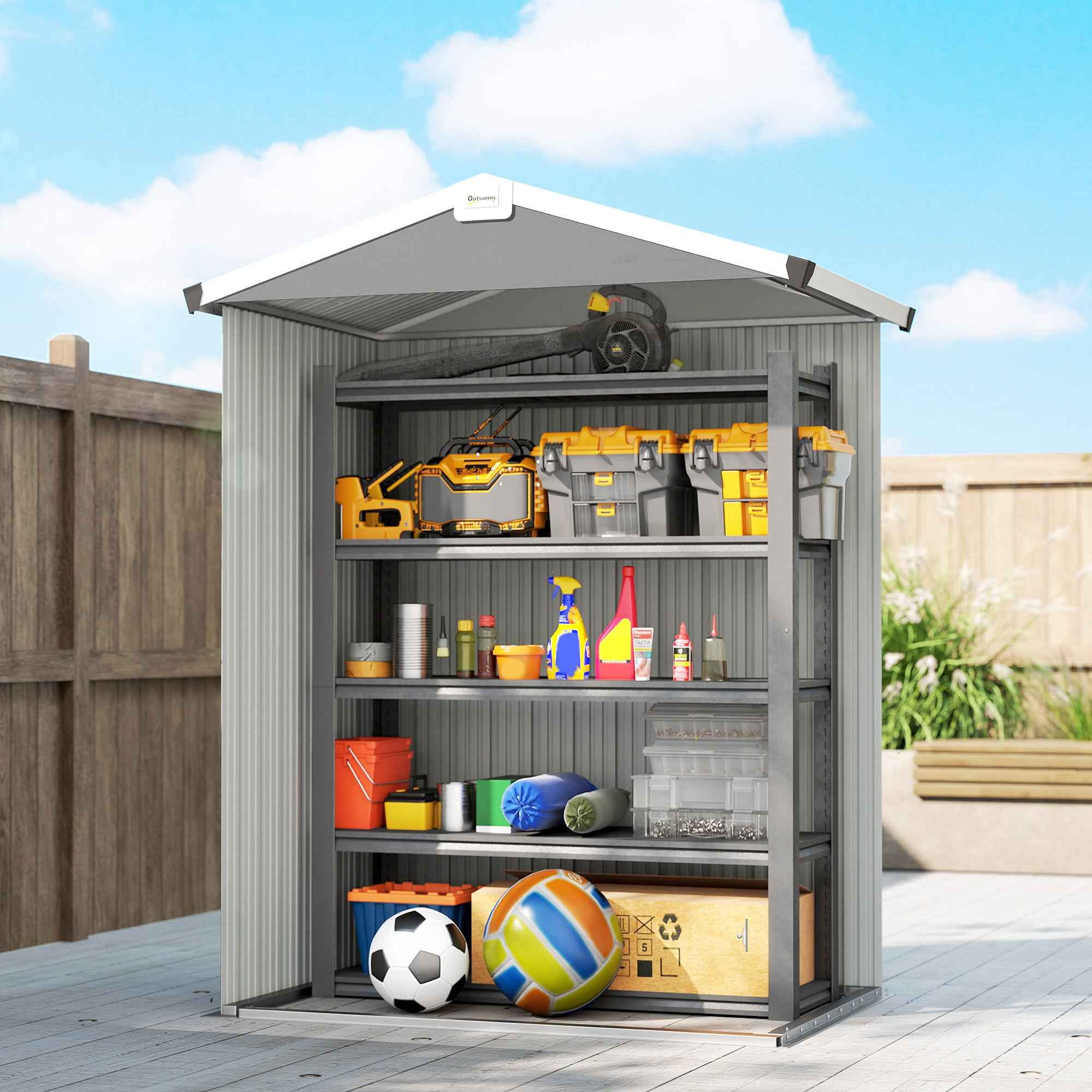 Outsunny 1.1m² Steel Garden Shed with Lockable Double Doors, 133x87x178cm, Silver Grey
