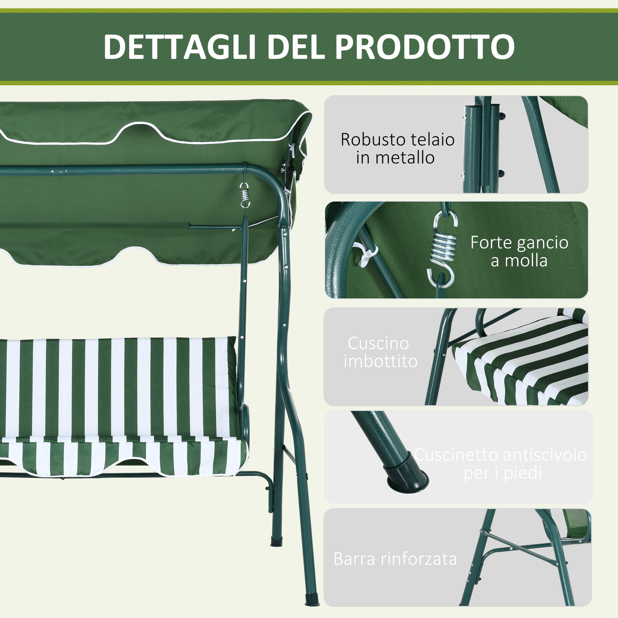 3-Seater Swing with Adjustable Canopy and Cushions, in Steel and Polyester, 170x110x153 cm, Green and White