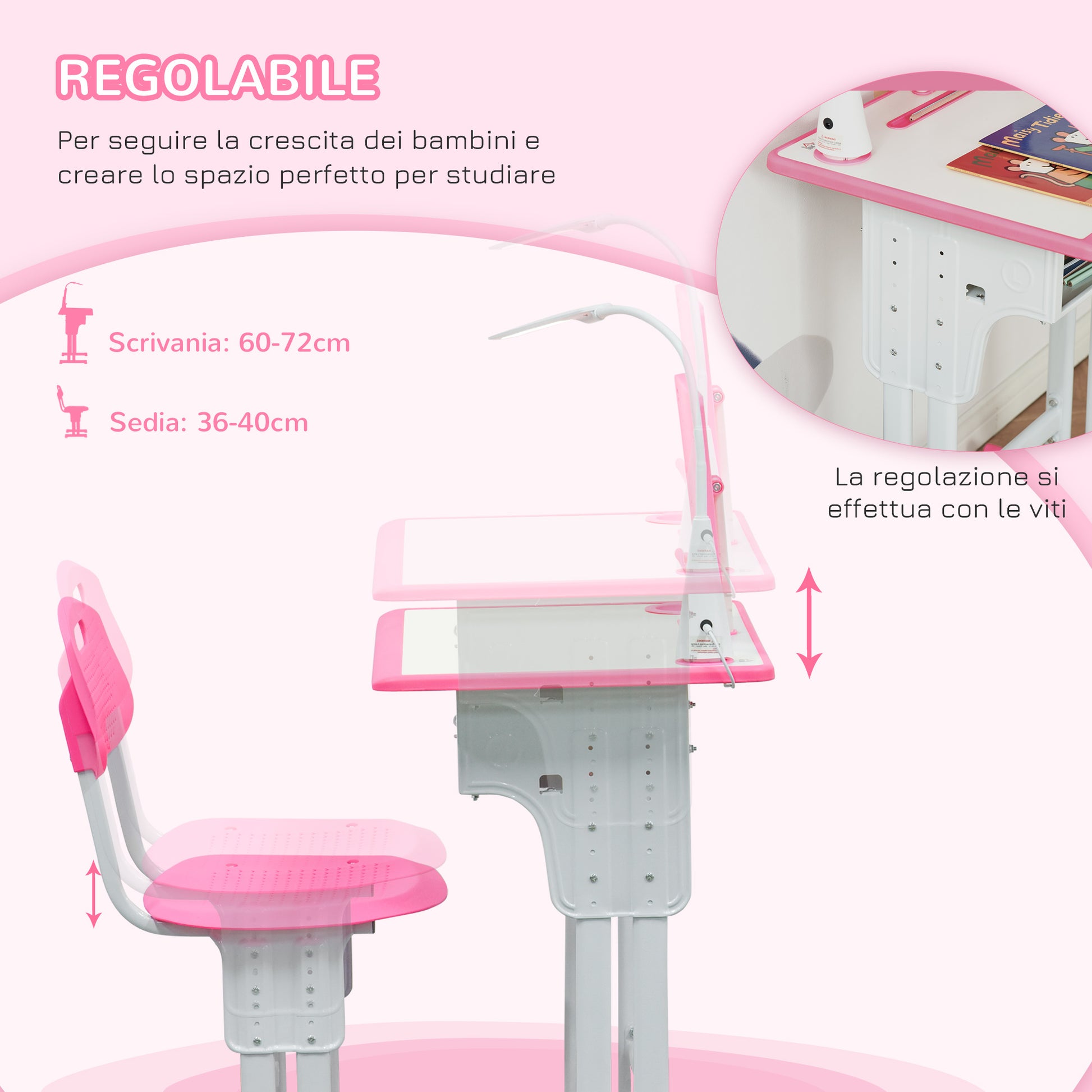 School Desk with Chair for Children 6-12 Years Adjustable Height, LED Lamp, Lectern and Pen Holder, Steel and MDF, Pink - Borgè