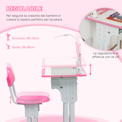 School Desk with Chair for Children 6-12 Years Adjustable Height, LED Lamp, Lectern and Pen Holder, Steel and MDF, Pink - Borgè