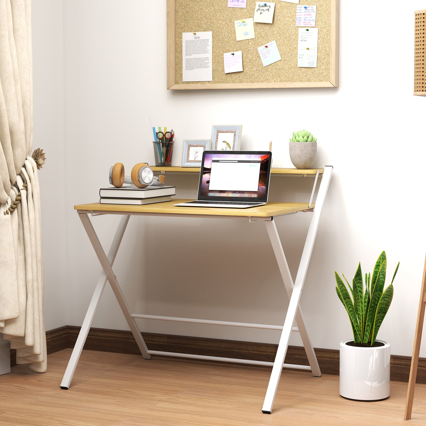 Folding Desk with Raised Shelf and X-Legs, in Wood and Steel, 86x66x82 cm, White and Wood Colour