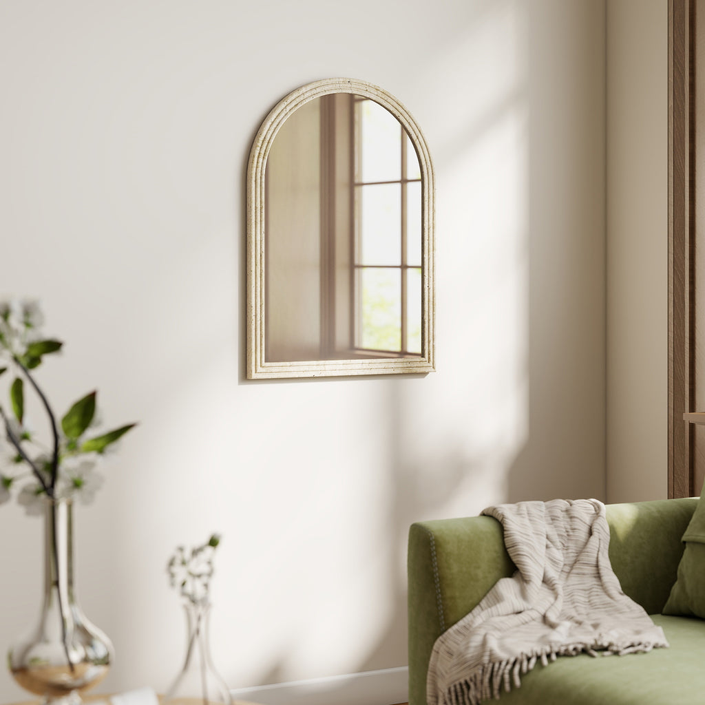 Arched Wall Mirror with Fluted Edge and Hooks, Glass and Polystyrene, 60x2x90 cm, Beige