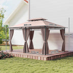 Outsunny 4x3m Garden Gazebo with Double Roof and Side Awnings in Steel and Polyester, Khaki Color