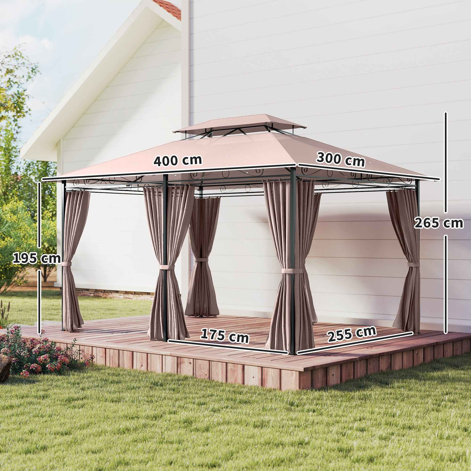 Outsunny 4x3m Garden Gazebo with Double Roof and Side Awnings in Steel and Polyester, Khaki Color