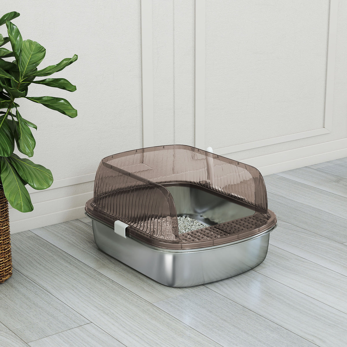 PawHut Extra Large Cat Litter Box with Stainless Steel Tray, Scoop, High Edges, Up to 15 kg, Charcoal Grey