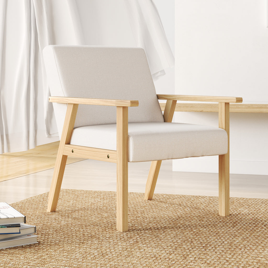 Scandinavian Style Pine Wood Armchair with 2 Cushions, 64x70x72 cm, Grey and Wood Color