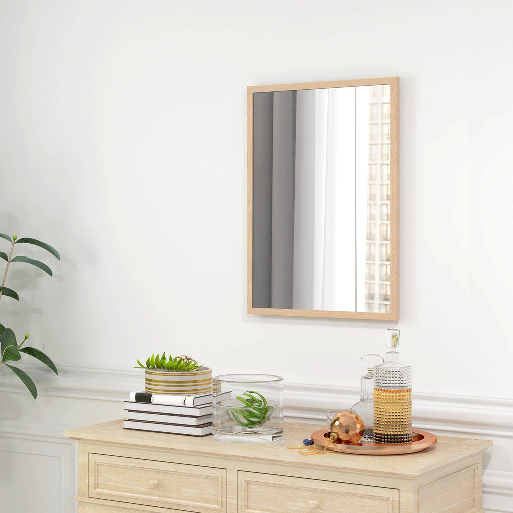 HOMCOM Rectangular Wall Mirror with Hooks, Glass and MDF Wall Mirror, 50x70 cm, Wood Color
