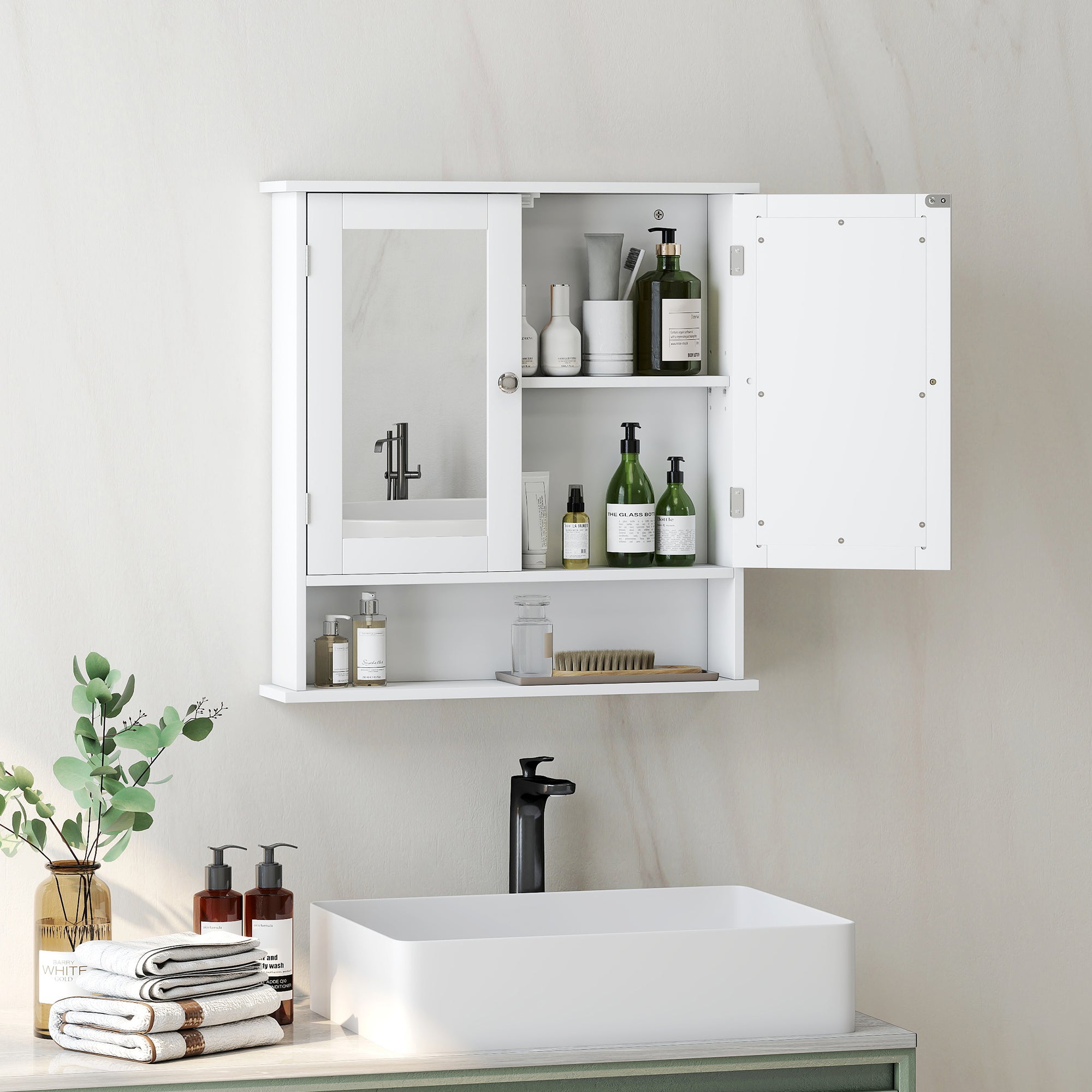 kleankin Wall-Mounted Bathroom Cabinet with 2 Mirrored Doors and Open Shelf, 56x13x58 cm, White