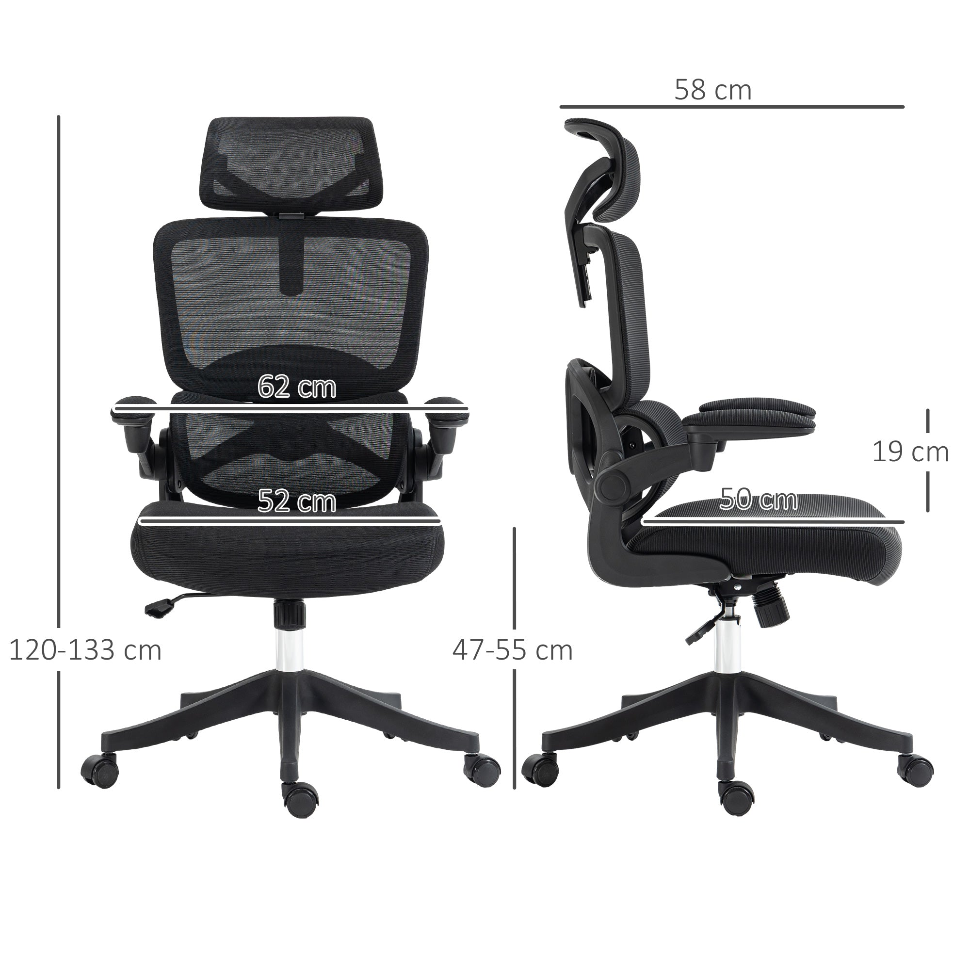 Vent office chair at adjustable height with inclination and lumbar support, 62x58x120-133 cm, black - Borgè