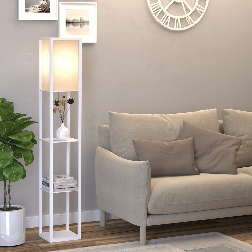 40W Floor Lamp with 3 Shelves and Foot Switch, Made of Wood and Acrylic, 26x26x160 cm, White