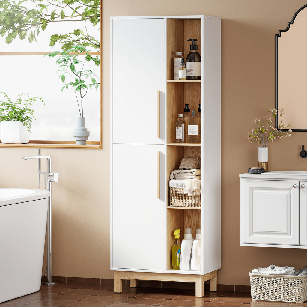 HOMCOM Tall Bathroom Cabinet, Space-Saving Bathroom Cabinet with 2 Doors and 4 Open Shelves, Adjustable Shelves, for Laundry Room, 62.5x35x176 cm, White