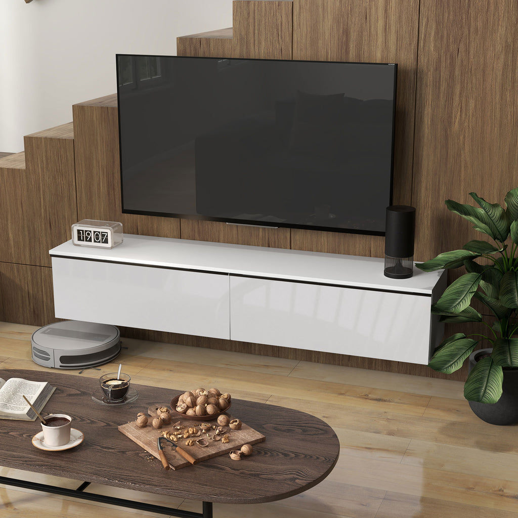 Wall-Mounted TV Cabinet with Wooden Drop-Door Cabinets, 160x35x30 cm, Gloss White