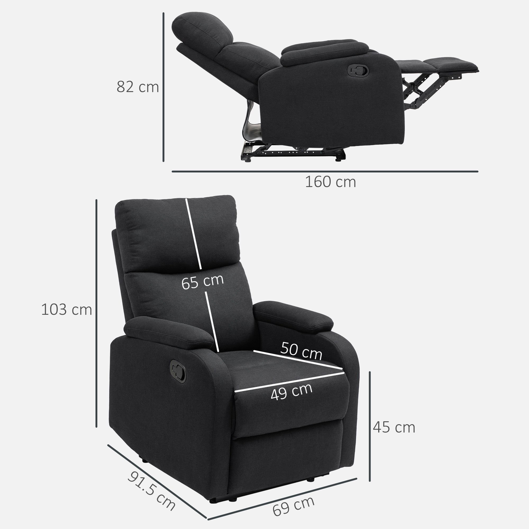 Manual Reclining at 60° with Extra Padded Fabric Chair and Footrest, Black