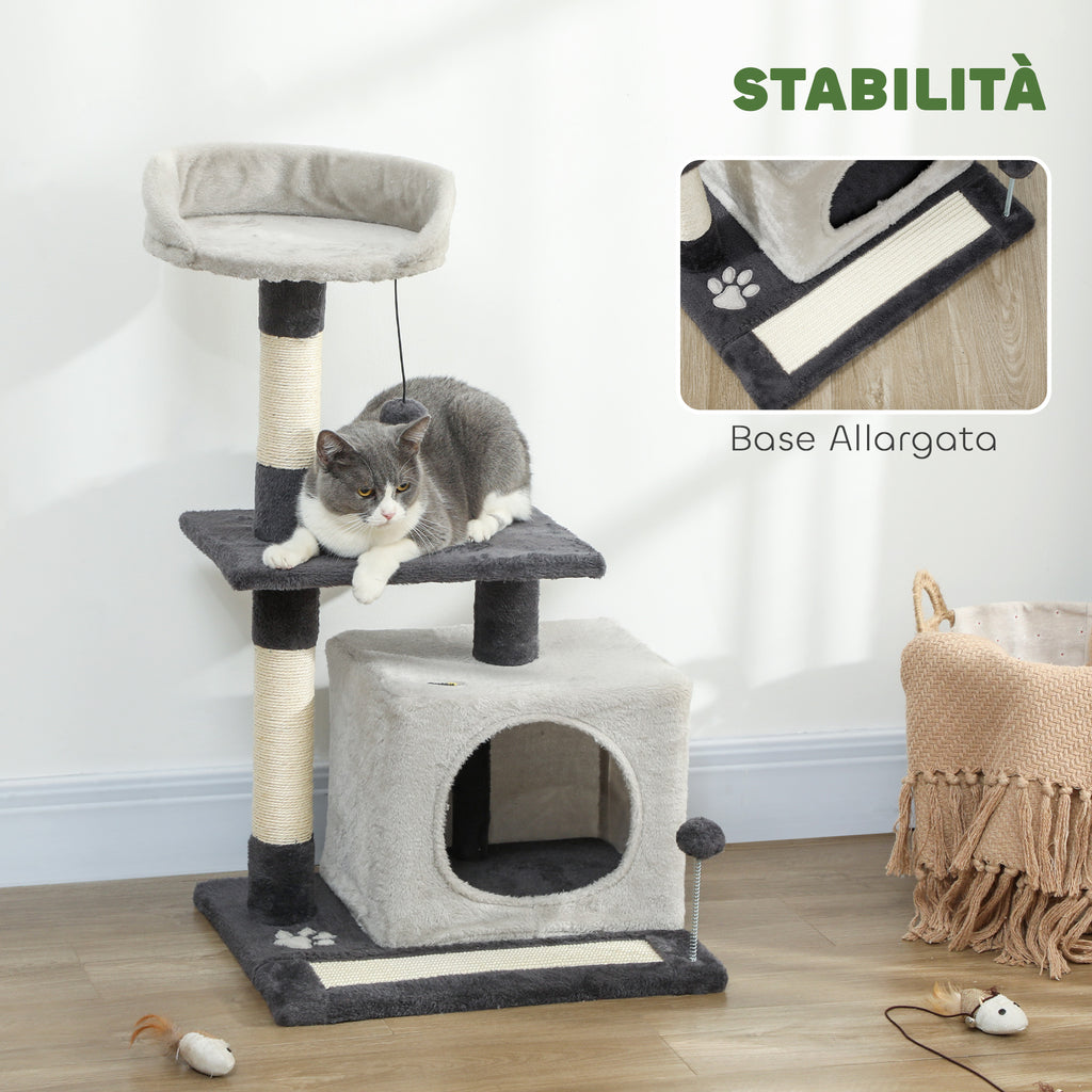 Cat Tree, 85 cm Tall, with House, Bed, Posts and Scratching Mat, Grey